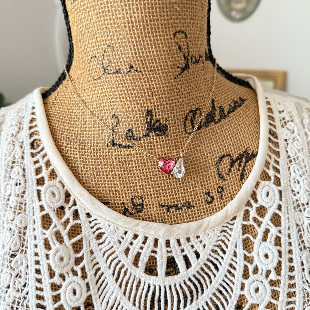 Pink Heart And Rhinestone Teardrop Necklace